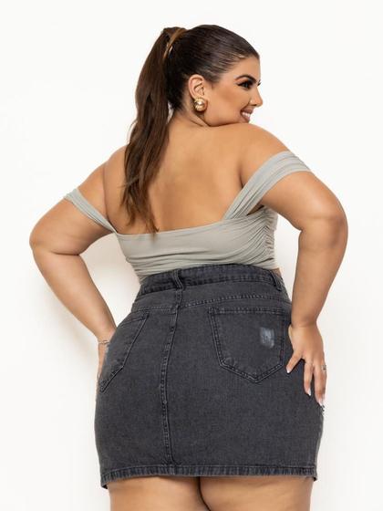 Imagem de Mini Saia Jeans Feminina Grafite Plus Size Cintura Alta Tendência Verão