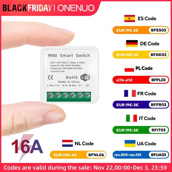 Imagem de Mini Switch Smart WiFi 16A - Controle Remoto via App Smart Life, Alexa e Google Home