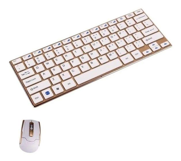 Imagem de Mini Teclado e Mouse Sem Fio Branco e Dourado Ouro 2.4Ghz - B-Max