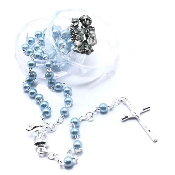 Imagem de Mini Terço Eucaristia Pérola Azul Menino Com Acrílico