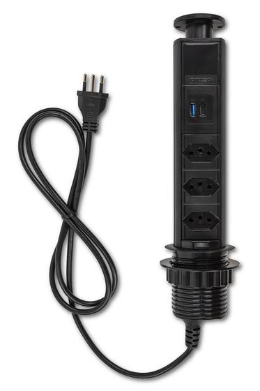 Imagem de Mini Torre De Tomada Embutir 3 Elétricas 10A + USB-C Preta