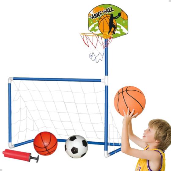 Imagem de Mini Trave Futebol Infantil + Cesta De Basquete 2 Bolas Rede