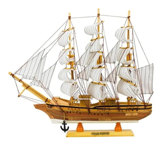 Imagem de Miniatura Barco Navio Veleiro Madeira Base Branca 37.5x7x44