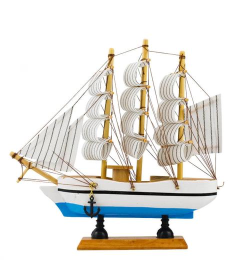 Imagem de Miniatura Barco Navio Veleiro Madeira Casco Branco Base Azul 19.5x4x20cm