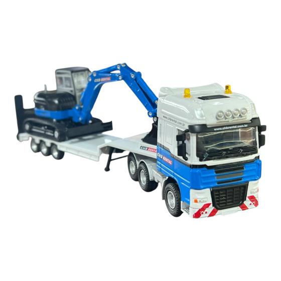 Imagem de Miniatura Caminhão Prancha com Escavadeira CHB Azul 1:50