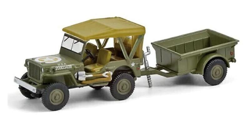 Imagem de Miniatura Carro Jeep Willys Mb 1943 C 1/4 Ton Cargo Trailer Hitch e Tow Série 22 1/64 Greenlight Gre3220