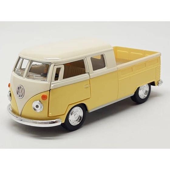 Imagem de Miniatura Kombi Pickup Bus Double Volkswagen 1963 Kinsmart 1/34 Metal e Fricção Bege/Amarelo.