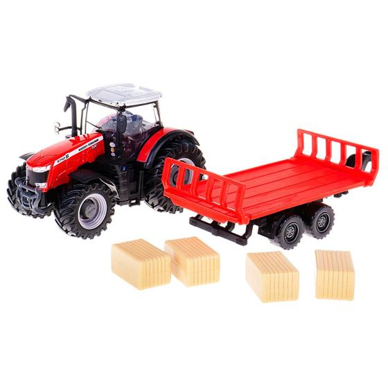 Imagem de Miniatura Trator Massey Ferguson 8740S With Bale Trailer Vermelho Bburago 31675