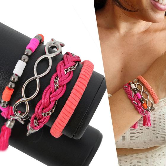 Imagem de Mix C/03 Pulseiras Feminina + Bracelete Fashion Rosa Moda Style