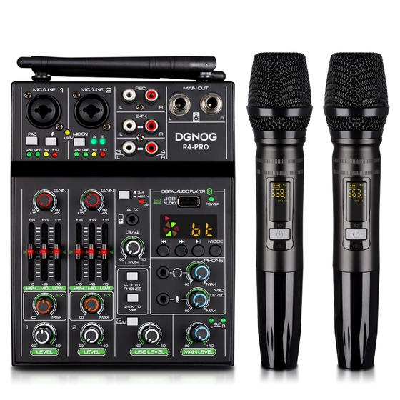 Imagem de Mixer de Áudio Profissional 4 Canais com 2 Microfones Sem Fio - Bluetooth, USB, 48V Phantom Power