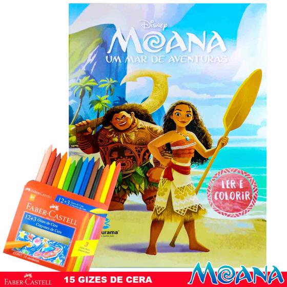 Imagem de Moana Disney Livro Ler e Colorir Um Mar de Aventuras + 15 Giz de Cera Faber Castell