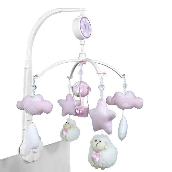 Imagem de Móbile Musical Ovelha, Nuvens e Balão Rosa Quarto Bebê Infantil Menina