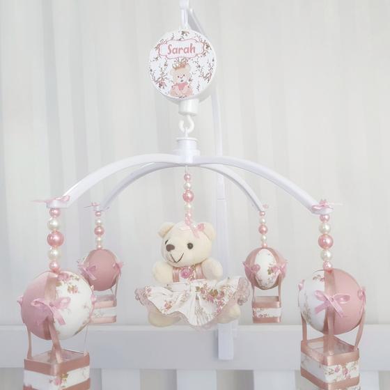 Imagem de Mobile para berço musical giratório ursa floral balão rosé