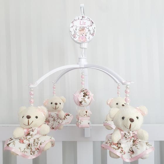 Imagem de Mobile para berço musical giratório ursa floral rosa