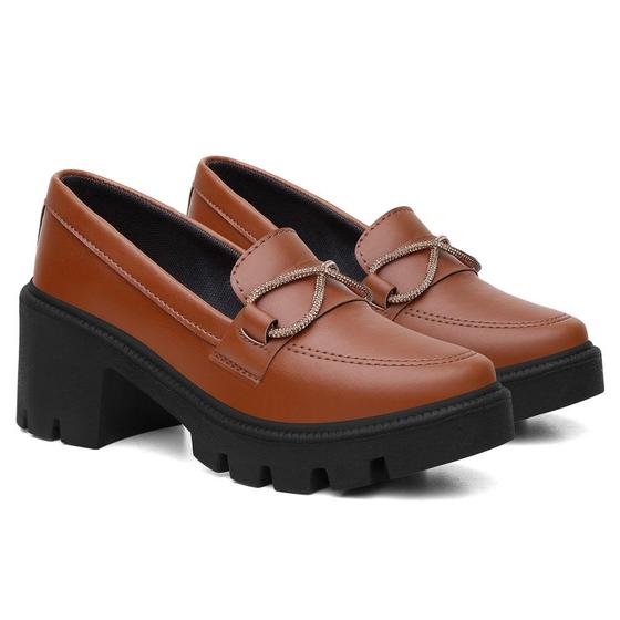 Imagem de Mocassim Casual Feminino Cadarço Brilhante Elegante Calce Fácil Confortável Sola Tratorada