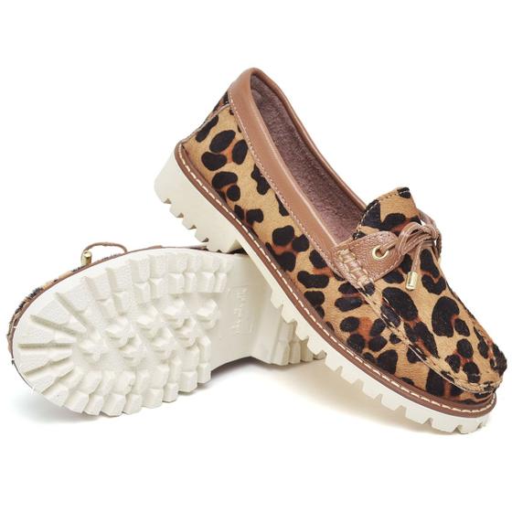 Imagem de Mocassim Feminino Onça Tratorado Couro Animal Print Luxo Conforto - Via Cléia