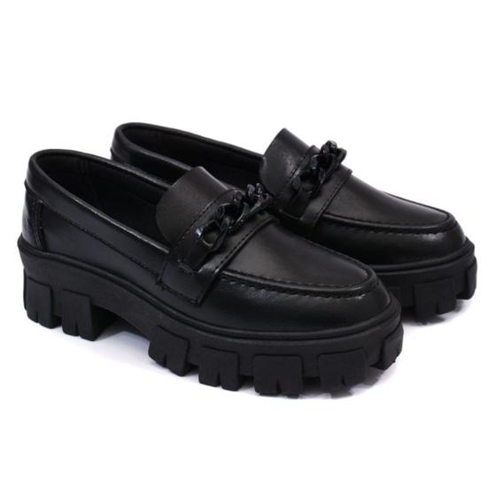 mocassim feminino preto com corrente plataforma Oxford tendência blogueira Menor preço em mocassim feminino preto com corrente plataforma Oxford tendência blogueira