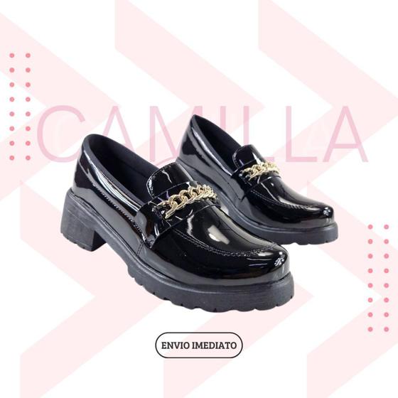 Imagem de Mocassim Feminino preto verniz ABS dourado enfeite