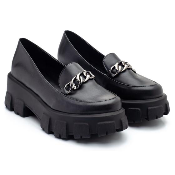 Mocassim Tratorado Feminino Preto Com Corrente Confort Menor preço em Mocassim Tratorado Feminino Preto Com Corrente Confort