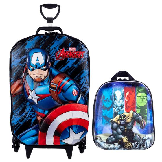 Imagem de Mochila 3D Rodinhas Capitão America + Lancheira Azul