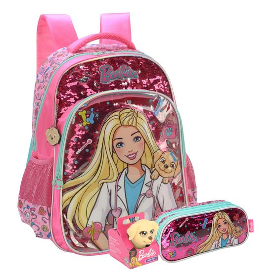 Imagem de Mochila Barbie Costas Paetê Luxcel Glitter Feminina Escolar Rosa com Estojo e Pet
