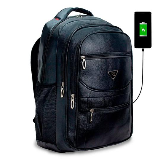 Imagem de Mochila Bolsa de Couro Impermeável USB Espaçosa Reforçada