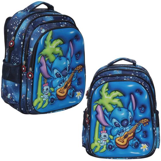 Imagem de Mochila Bolsa Infantil Stitch Costas Juvenil 3 Bolsos