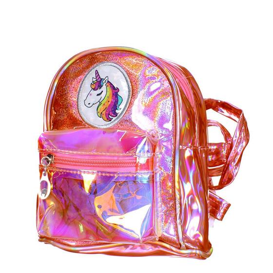 Imagem de Mochila Bolsinha Infantil Unicornio Com Brilho Holográfico Vermelha Para Meninas