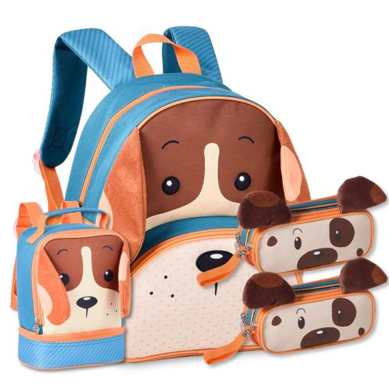 Imagem de Mochila com Lancheira e 2 Estojos Escolares Cachorrinho Masc