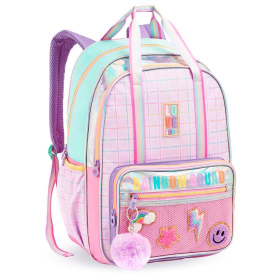 Imagem de Mochila Costas Feminina Rainbow Love Just Escolar Juvenil Pompom Denlex