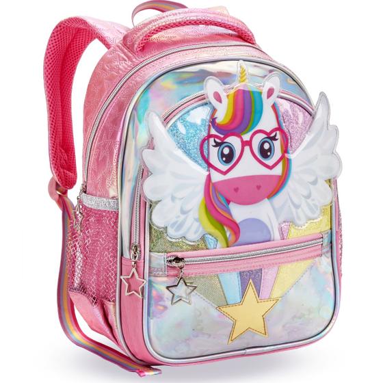 Imagem de Mochila Costas Infantil Menina Unicornio Com Asas Metalizado