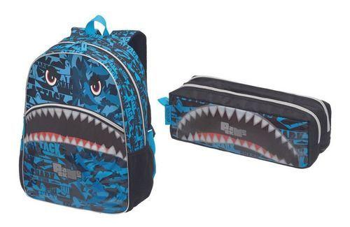 Imagem de Mochila Costas Pack Me Shark Attack + Estojo Duplo - Pacific