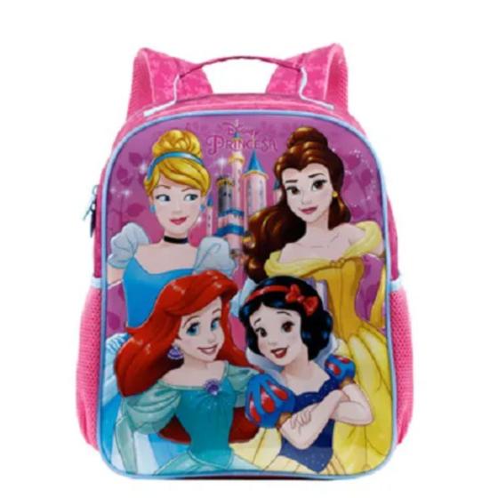 Imagem de Mochila das Princesas Rosa com detalhes em Glitter com compartimento principal bolso lateral