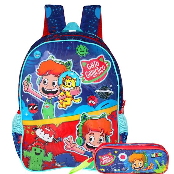 Imagem de Mochila De Alças Gato Galáctico Com Estojo Infantil Duplo