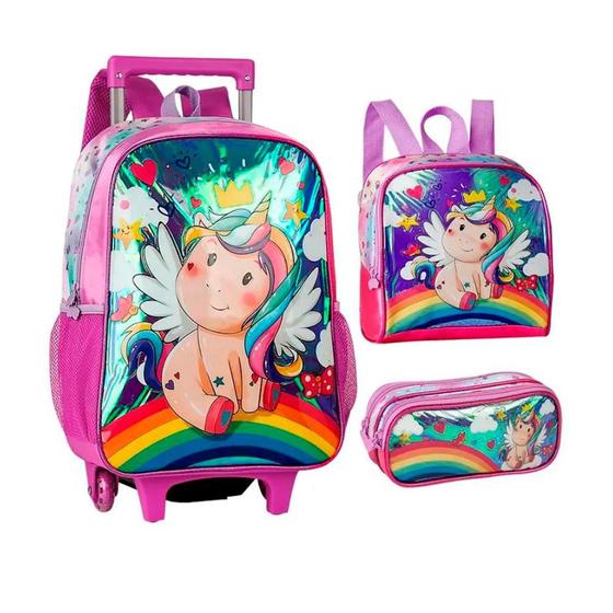 Imagem de Mochila de carrinho + lancheira + estojo unicornio holografica