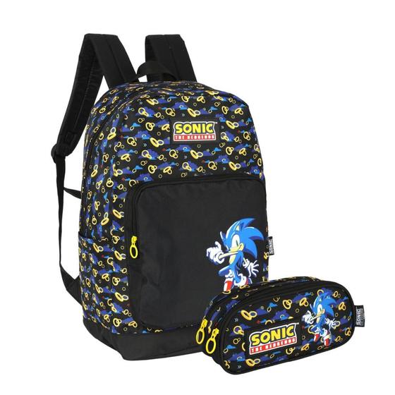 Imagem de Mochila De Costas Escolar Azul Preta Sonic Gamer Com Estojo Triplo Original Luxcel