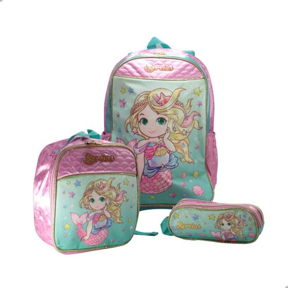 Imagem de Mochila De Rodinha Kit Lancheira e Estojo Ravi Clio Sereias Rosa e Verde Tiffany