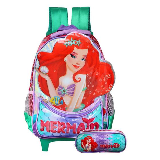 Imagem de Mochila De Rodinhas + Estojo Duplo Mermaid Feminino Escolar