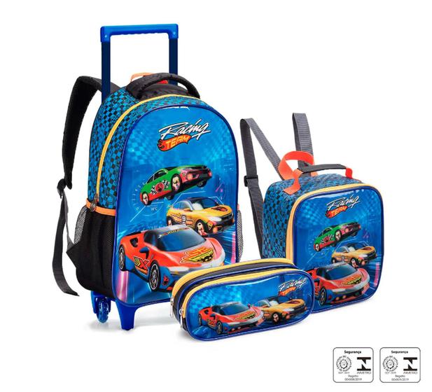 Imagem de Mochila De Rodinhas Masculina Escolar Infantil Kit Lancheira Térmica e Estojo Carros Speed