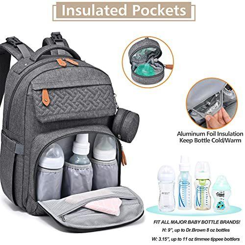 Imagem de Mochila de saco de fraldas, BabbleRoo Unisex Baby Bags com almofada de mudança, estojo de chupeta e alças de carrinho de bebê, multifuncional impermeável Travel Back Pack para meninas meninos, cinza escuro