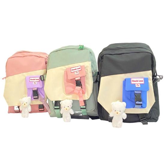 Imagem de Mochila dois bolsos com fivelas frontal recortes coloridos escolar viagem alta qualidade