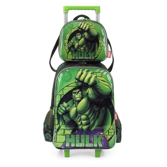 Imagem de Mochila E Lancheira Escolar Rodinhas Marvel Avengers Hulk P