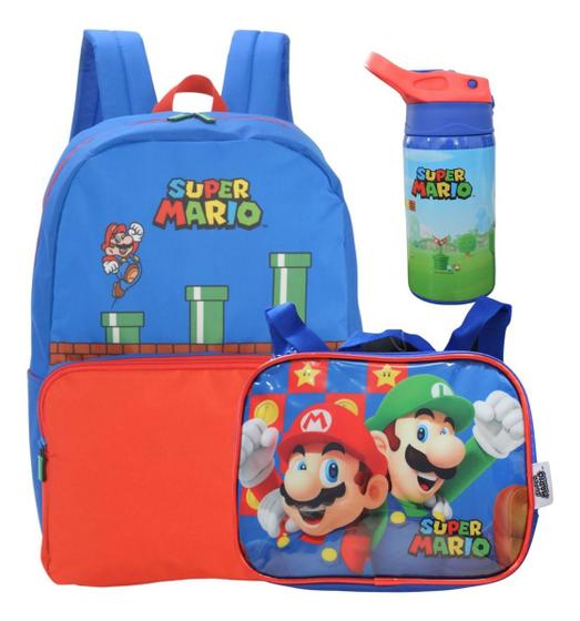 Imagem de Mochila Escolar Alças + Lancheira + Garrafa Super Mario Bros