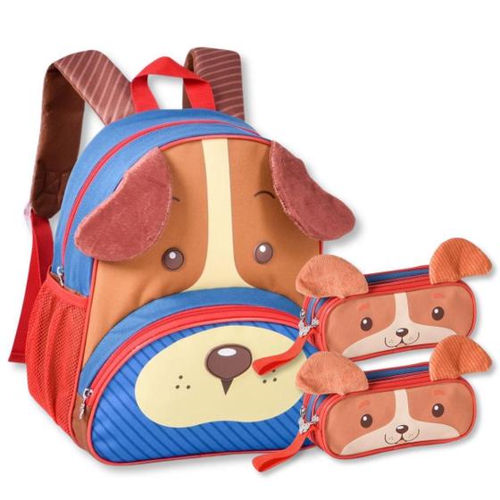 Imagem de Mochila Escolar Cachorrinho Com 2 Estojos Duplos Infantil