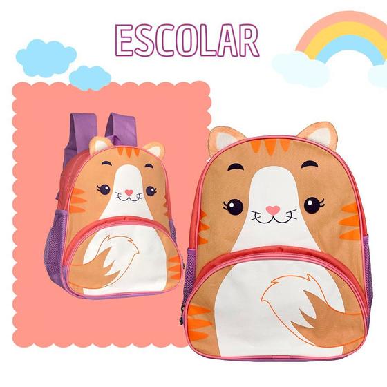 Imagem de Mochila Escolar com Alça Costas Infantil Gato Bichinhos Pet 3D Reforçada Menina Roxo