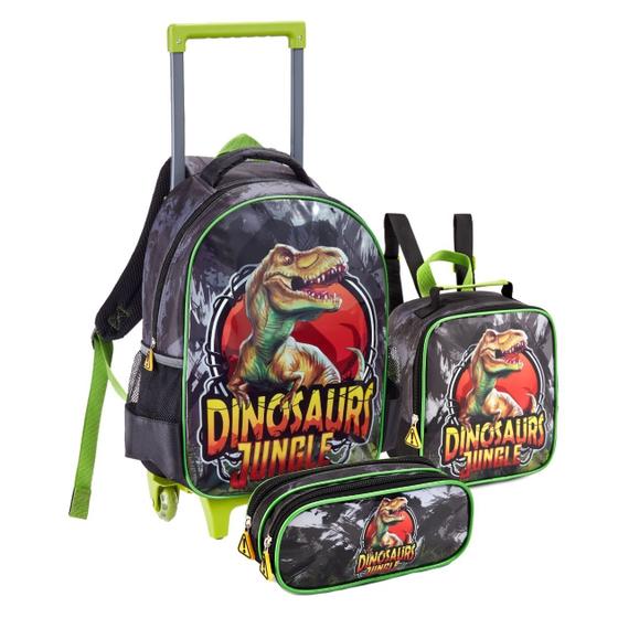 Imagem de Mochila Escolar de Rodinhas, Lancheira Termica e Estojo Duplo Dinossauro, Meninos