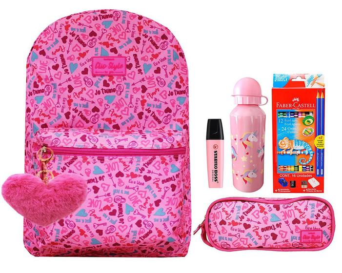 Imagem de Mochila Escolar Feminina Juvenil Love Mf9121 + Kit Faber