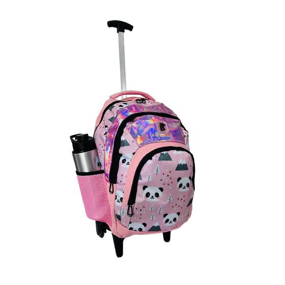 Imagem de Mochila Escolar Feminina Rodinhas Panda Rosa Resistente