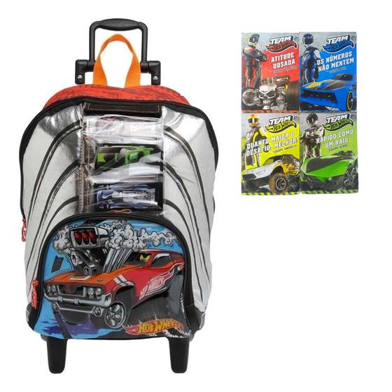 Imagem de Mochila Escolar Hot Wheels Tam M Infantil Rodinha Porta Carrinhos