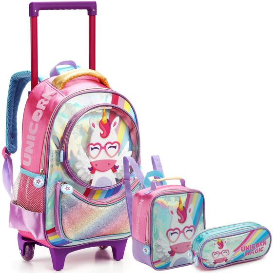 Imagem de Mochila Escolar Infantil de Rodinhas Grande Menina com Lancheira e Estojo